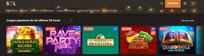 Variedad de juegos en Sol Casino online